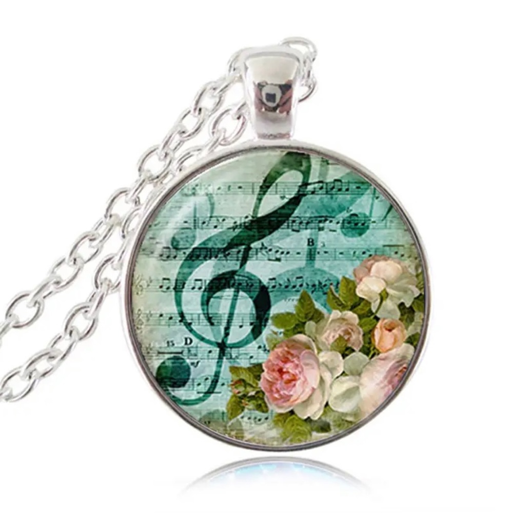 Music Note Glass Dome Pendant Necklace NEW